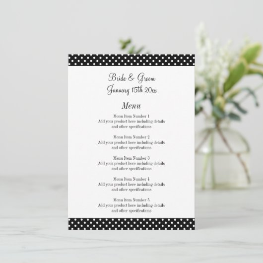 Fabulous zwart-wit polka stippen bruiloft menu (Staand voorkant)