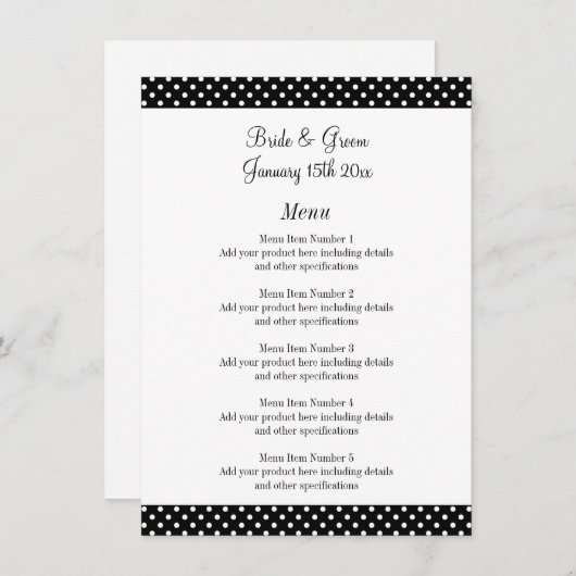 Fabulous zwart-wit polka stippen bruiloft menu (Voorkant / Achterkant)