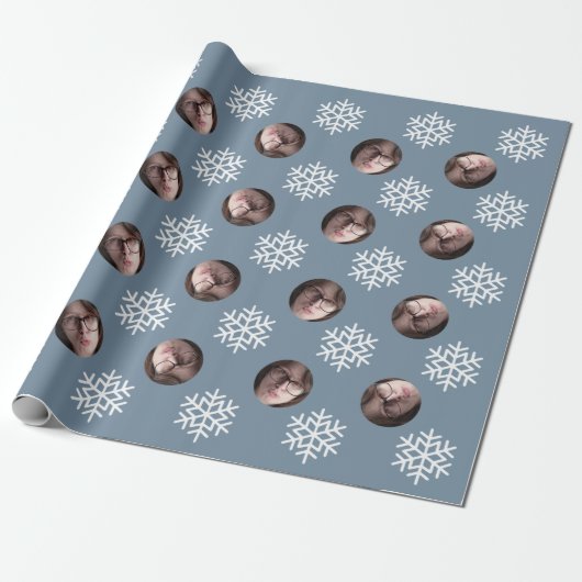 Face Foto Blue Snowflake Fun Humor Kerstmis Cadeaupapier (Uitgerold)