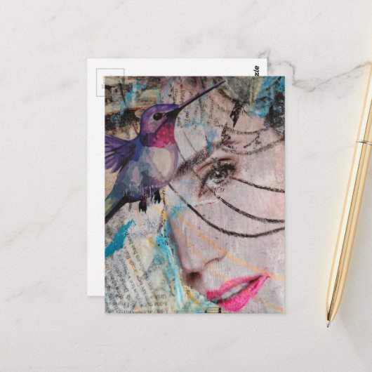 Face Random Words Hummingbird Mixed Media Collage Briefkaart (Voorkant / Achterkant in situ)