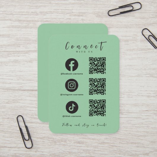 Facebook Instagram TikTok QR Code Mint Groen Visitekaartje (Voorkant / Achterkant in situ)