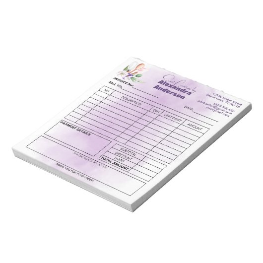 Factuur Pastry Chef Paarse Bloemen Waterverf Notitieblok (Linkerzijde)