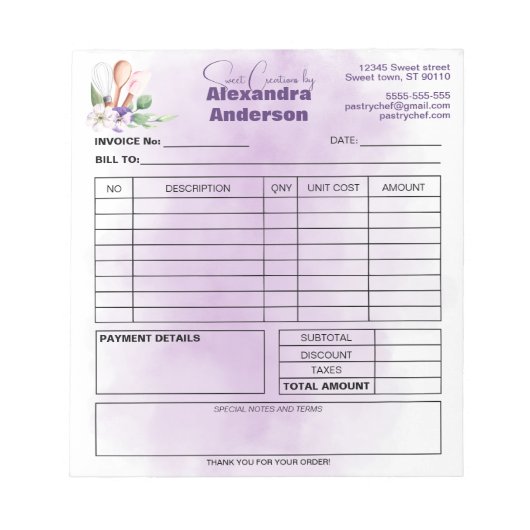 Factuur Pastry Chef Paarse Bloemen Waterverf Notitieblok (Voorkant)