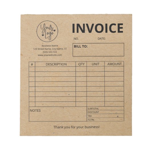 Factuurbestelformulier Small Business Logo Kraft Notitieblok (Voorkant)