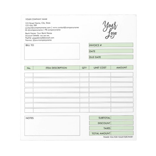 Factuurformulier Bedrijfstabel Voeg Logo-blocnote  Notitieblok (Voorkant)