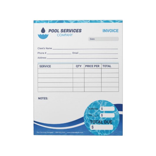 Factuurformulier voor zwembaddiensten notitieblok (Linkerzijde)