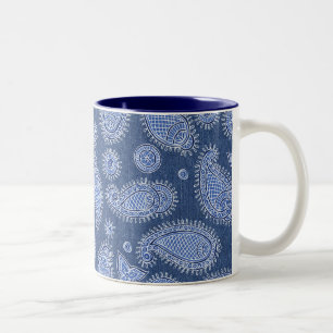 Faded Blue Denim Paisley Pattern Boho Tweekleurige Koffiemok