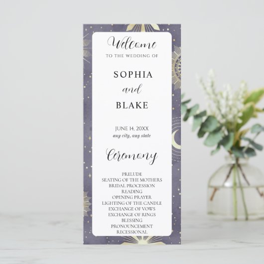 Faded Blue en Gold Celestial Wedding Programme (Staand voorkant)
