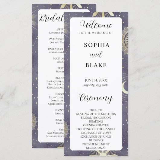 Faded Blue en Gold Celestial Wedding Programme (Voorkant / Achterkant)