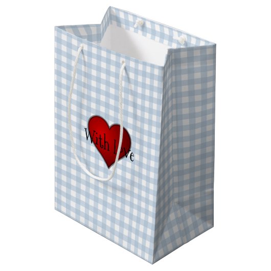 Faded Denim Blue Gingham Rood hart Met Liefde Medium Cadeauzakje (Voorkant Gekanteld)