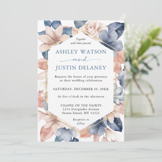 Faded denim & blush florals Weddenschap Kaart (Staand voorkant)