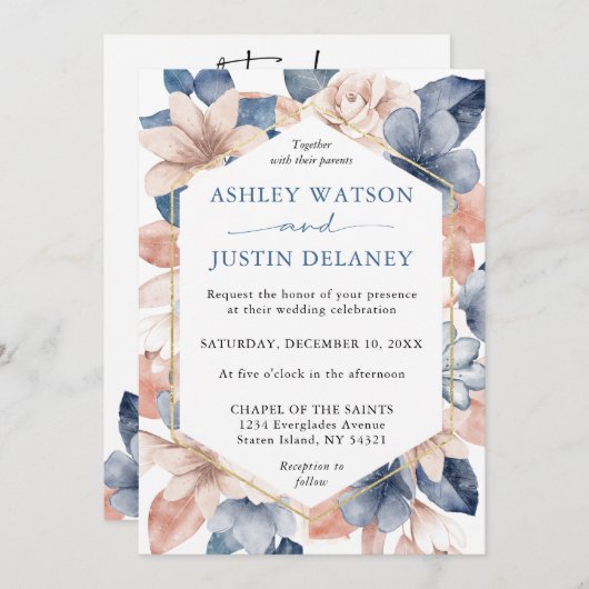 Faded denim & blush florals Weddenschap Kaart (Voorkant / Achterkant)
