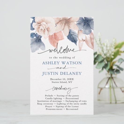 Faded denim & blush stijlvol bruiloft-programma (Staand voorkant)