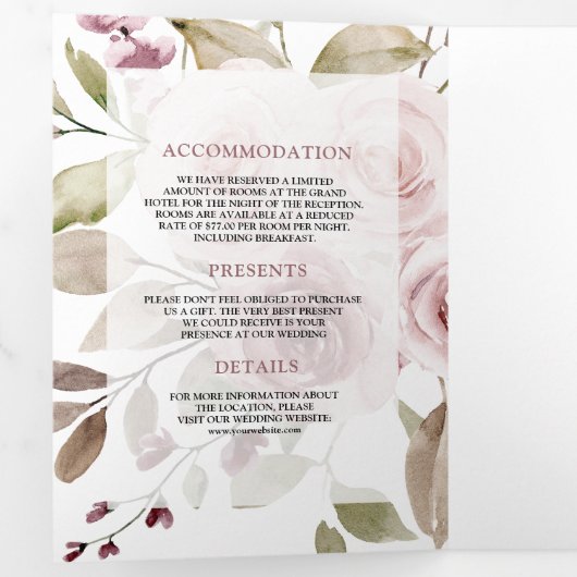 Faded Dusty Roos Floral Ampersand QR Code Bruiloft Drieluik Uitnodiging (Binnenzijde eerst)