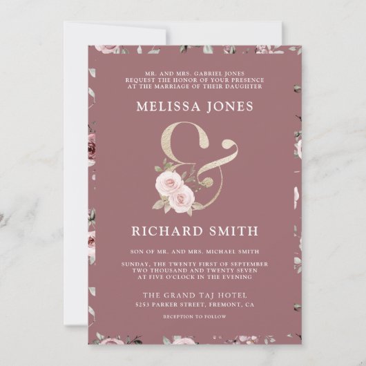 Faded Dusty Roos Floral Ampersand QR Code Bruiloft Kaart (Voorkant)