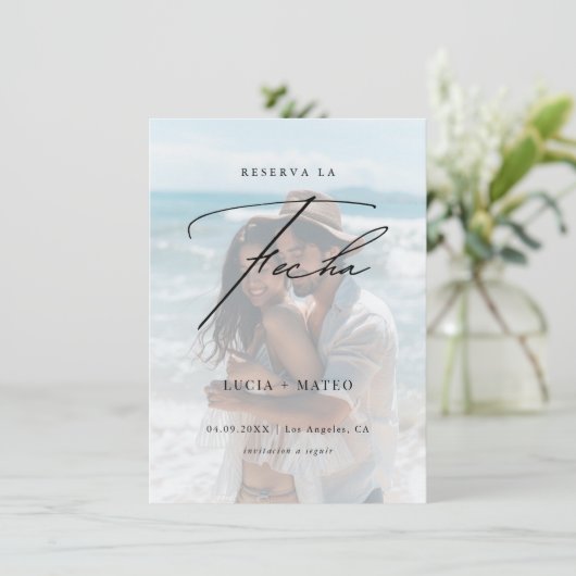 Faded foto Reserva La Fecha Spaanse strand bruilof Save The Date (Staand voorkant)