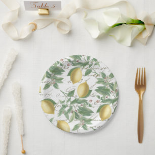 Faded Lemon Branch French Script Fruit Papieren Bordje