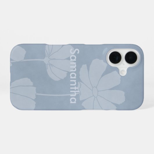 Faded Silhouette van Cosmos Flowers op Bleek blauw iPhone 16 Hoesje (Achterkant horizontaal)