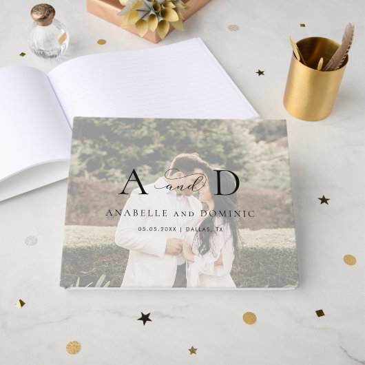 Fading Faded Foto Monogram Elegant Script Bruiloft Gastenboek (Voorkant open)