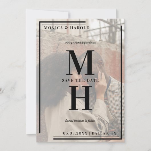 Fading Photo Overlay Modern Big Monogram Geometric Save The Date (Voorkant)