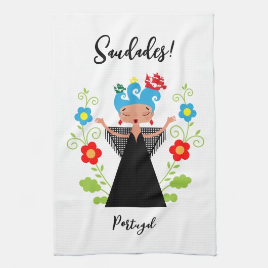 Fado-vrouwzanger met Portugese caravel-schepen Theedoek (Verticaal)