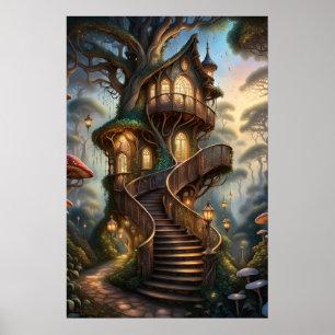 Fae Haven Heights AI Fantasie Digitaal Kunstprint Poster