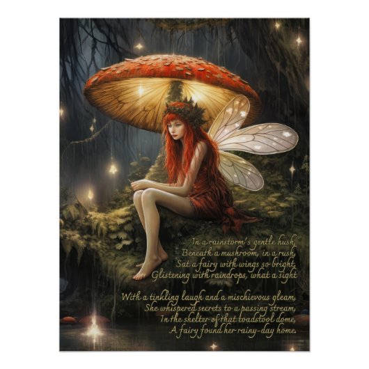 Faerie onder paddenstoel in de regen perfect poster (Voorkant)
