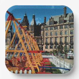 Fair, in het centrum van de stad papieren bordje