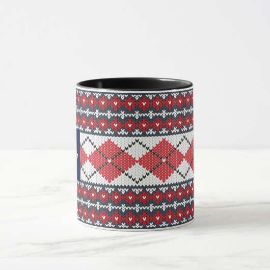 Fair Isle Argyle Blue en Red Monogrammed Mok (Midden)