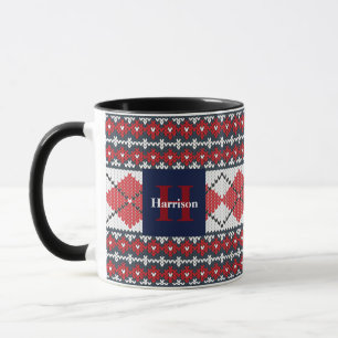 Fair Isle Argyle Blue en Red Monogrammed Mok