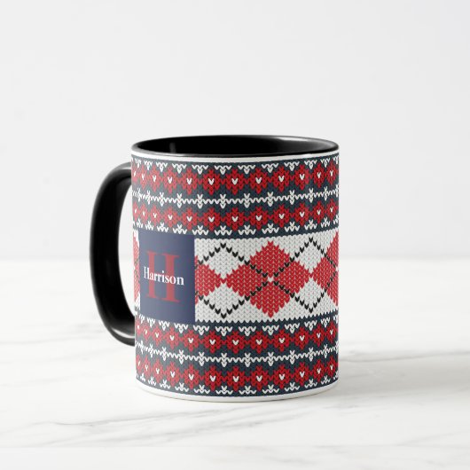 Fair Isle Argyle Blue en Red Monogrammed Mok (Voorkant links)