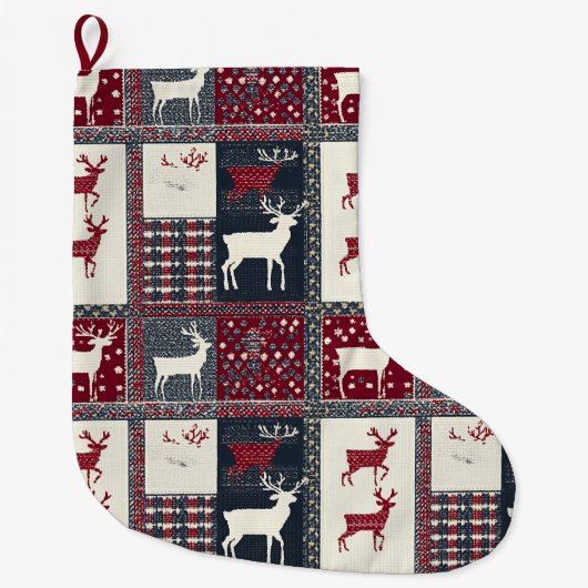 Fair Isle gebreide patchwork | Rustiek rendier (2) Grote Kerstsok (Voorkant)