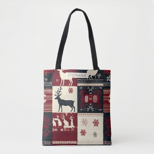 Fair Isle gebreide patchwork | rustiek rendier Tote Bag (Voorkant)