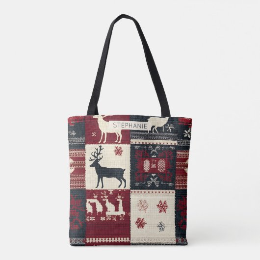 Fair Isle gebreide patchwork | rustiek rendier Tote Bag (Achterkant)