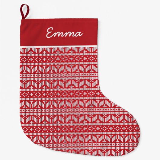 Fair Isle Rode Kerstmis Naam Monogram Grote Kerstsok (Voorkant)