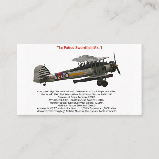 Fairey Szwaardfish Mk.1 Visitekaartje (Voorkant)