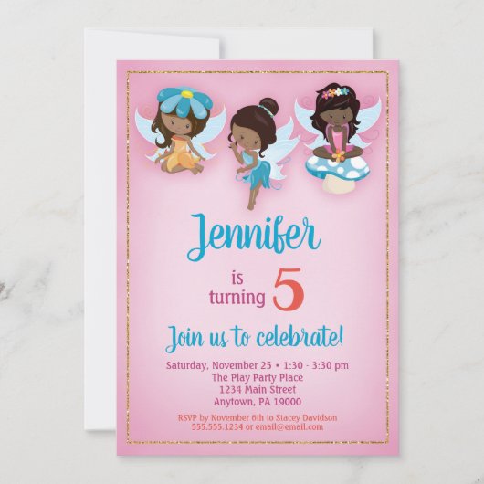 Fairies African American Birthday Invitation Kaart (Voorkant)