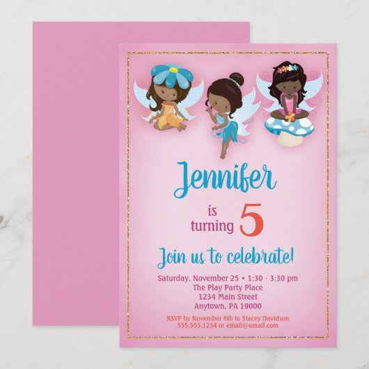 Fairies African American Birthday Invitation Kaart (Voorkant / Achterkant)