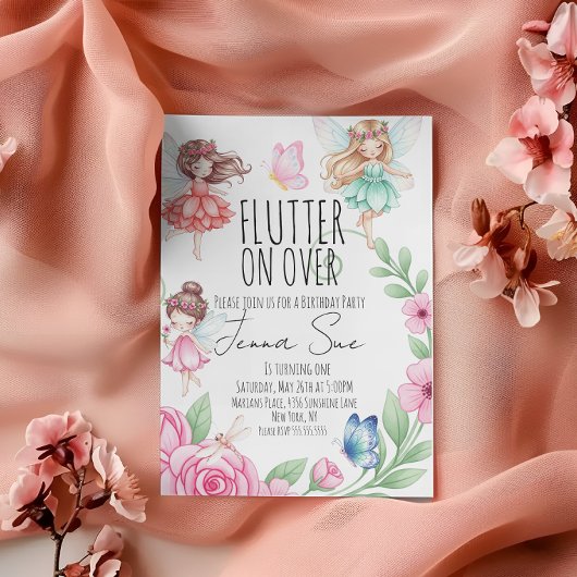 Fairies Butterflies First Birthday Invitation Kaart