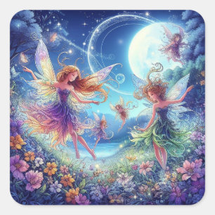 Fairies dansen in een maanverlichte weide. vierkante sticker