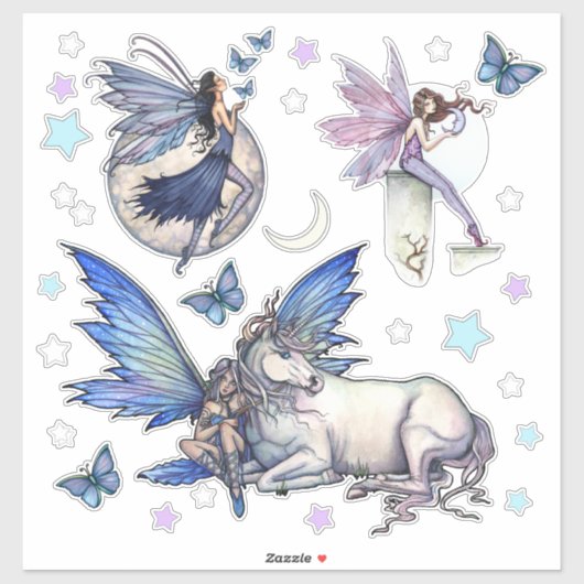 Fairies en Eenhoorn Sterren Maan Fantasy Art Stick Sticker (Vel)