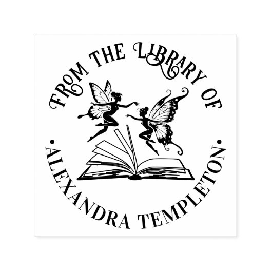 Fairies Fly Over Open Book “From the Library of” Zelfinktende Stempel (Design)