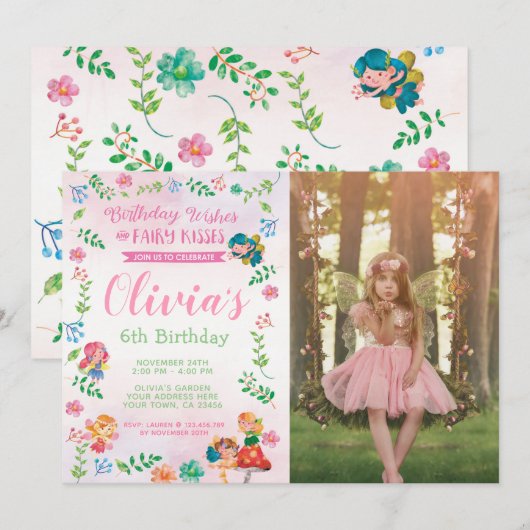 Fairies, Magical Birthday Invitation met foto Kaart (Voorkant / Achterkant)