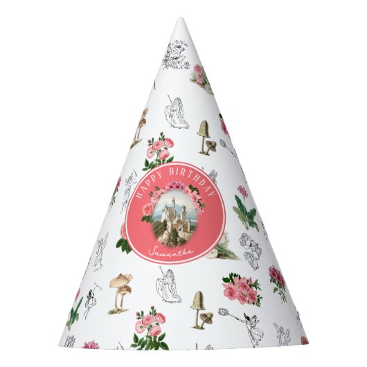 Fairies Pink Floral Mushroom Fairy Castle Verjaard Feesthoedjes (Voorkant)