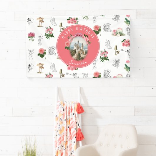 Fairies Pink Floral Mushroom Fairy Castle Verjaard Spandoek (Insitu)