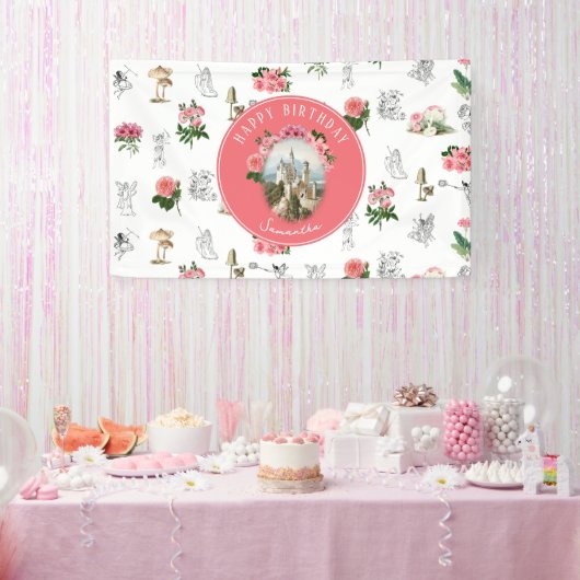 Fairies Pink Floral Mushroom Fairy Castle Verjaard Spandoek (Feest)