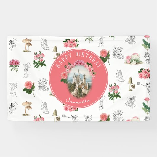 Fairies Pink Floral Mushroom Fairy Castle Verjaard Spandoek (Horizontaal)