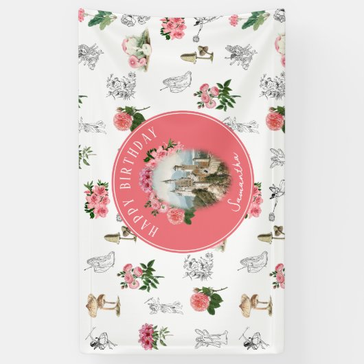 Fairies Pink Floral Mushroom Fairy Castle Verjaard Spandoek (Verticaal)