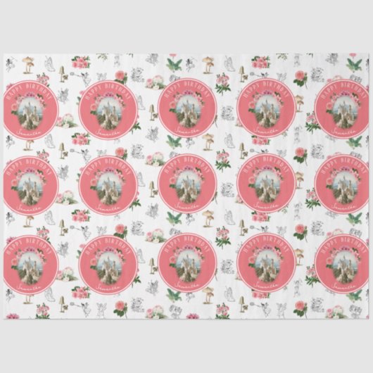 Fairies Pink Floral Mushroom Fairy Castle Verjaard Tissuepapier (Voorkant)