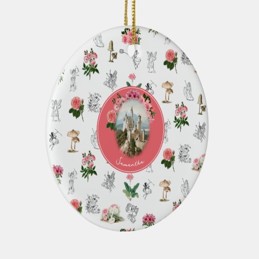 Fairies Roze Bloemen Mushroom Fairy Kasteel Monogr Keramisch Ornament (Rechts)